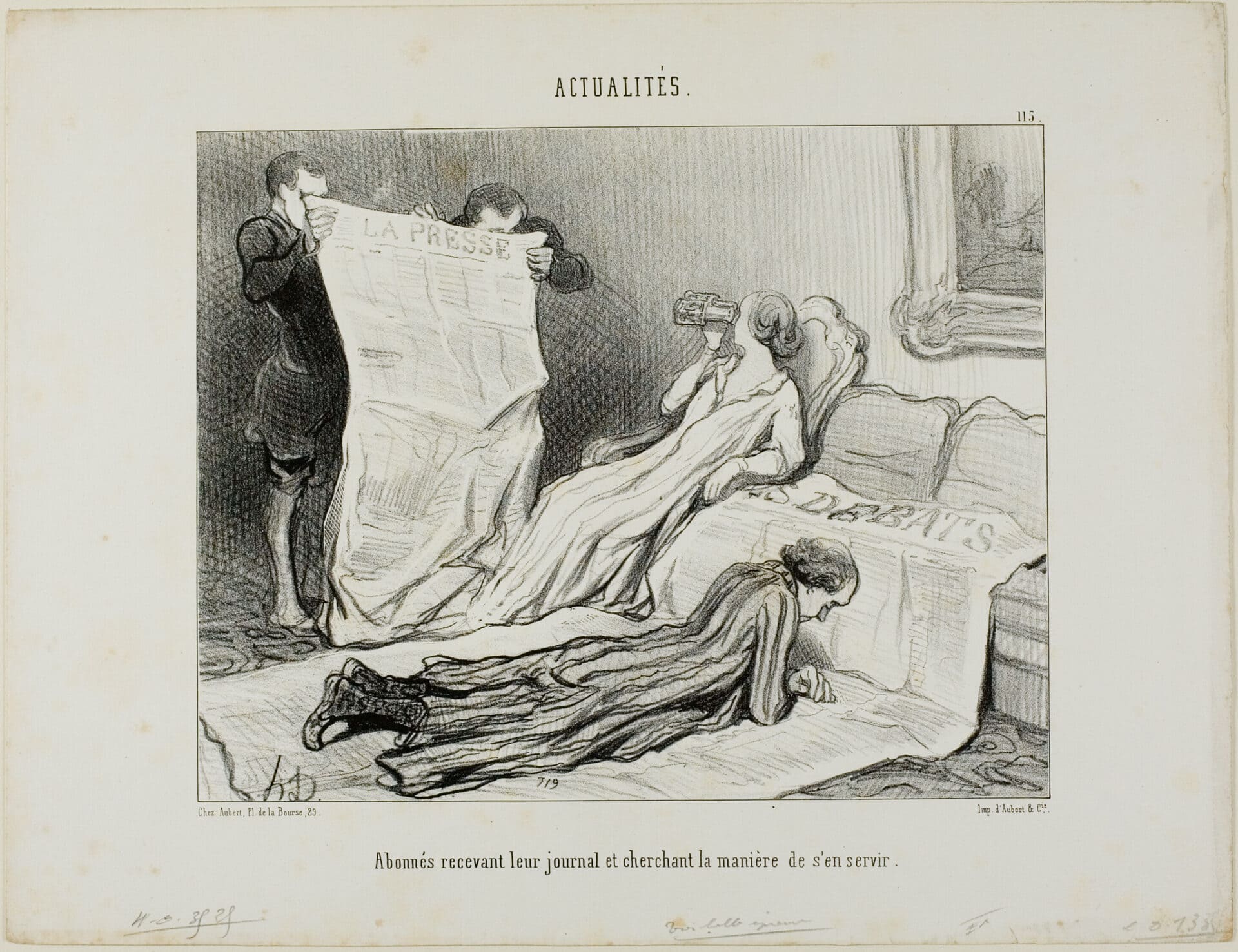 Subscribers Tyring to Cope with Their Paper plate 115 from Actualités_ 1845_Artist- Honoré Victorin Daumier_Sunday Paper Method_Andreia