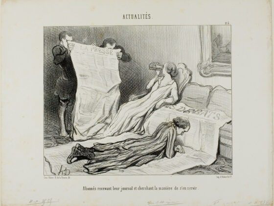 Subscribers Tyring to Cope with Their Paper plate 115 from Actualités_ 1845_Artist- Honoré Victorin Daumier_Sunday Paper Method_Andreia