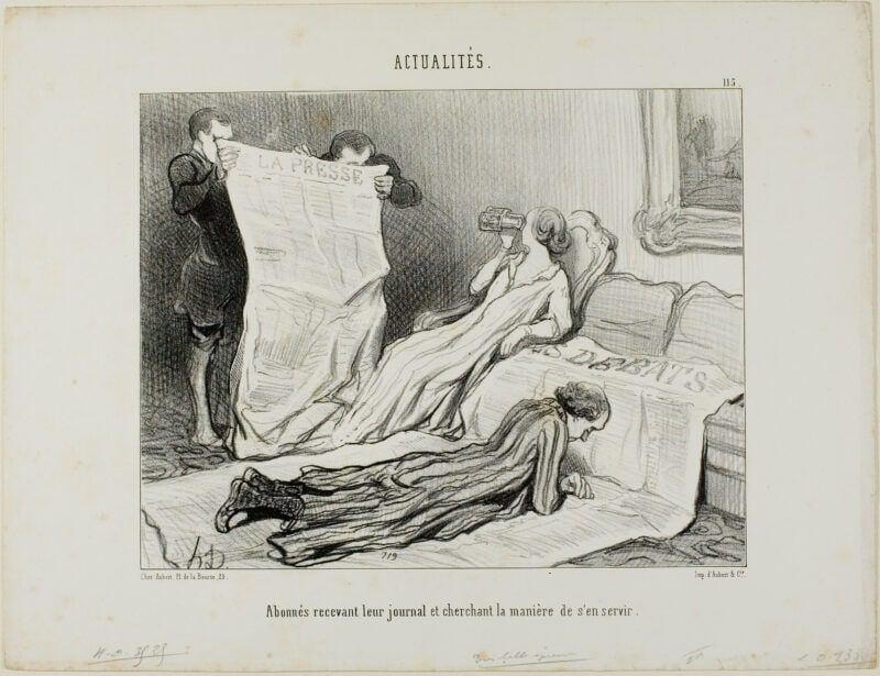 Subscribers Tyring to Cope with Their Paper plate 115 from Actualités_ 1845_Artist- Honoré Victorin Daumier_Sunday Paper Method_Andreia